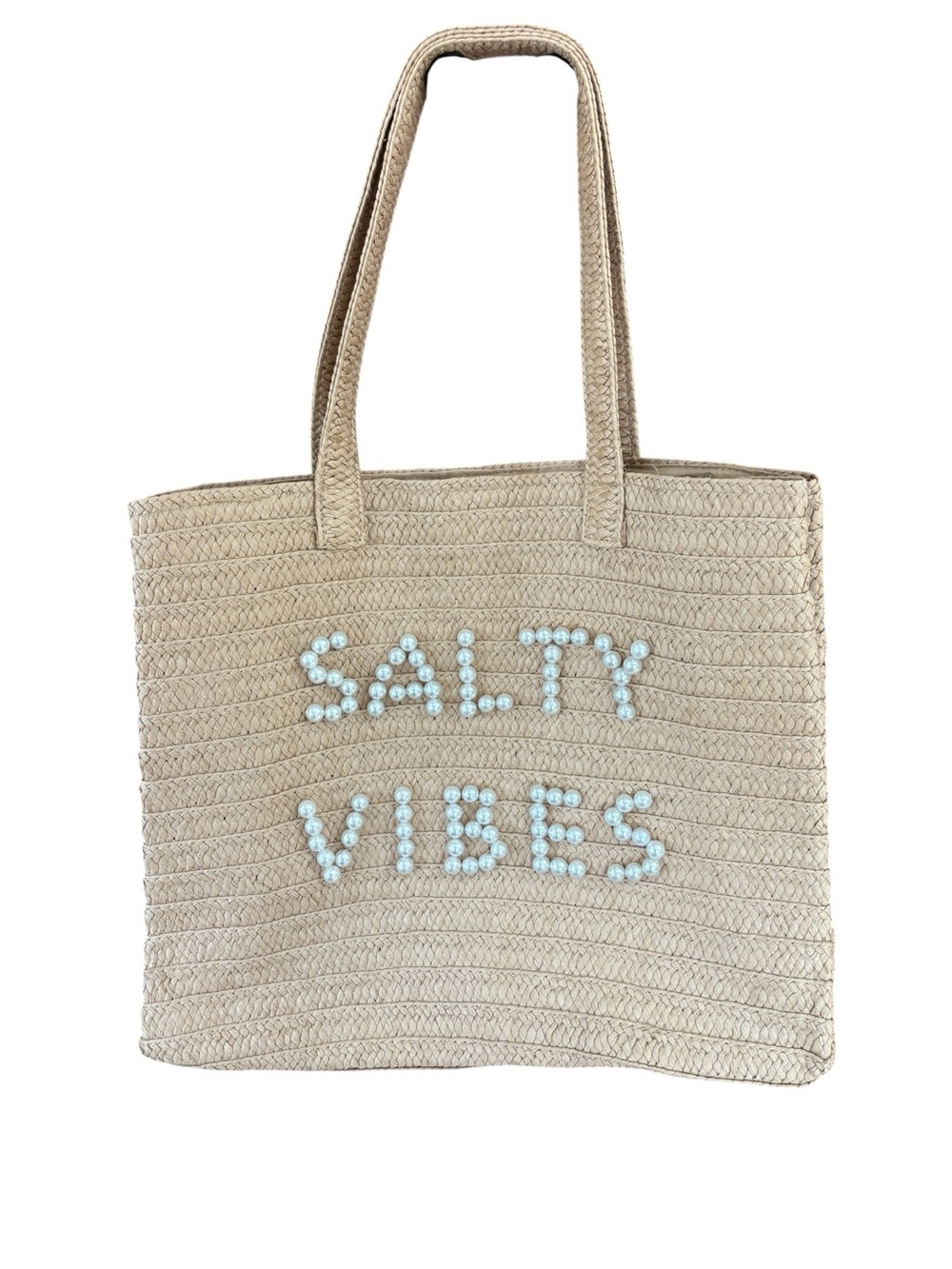 Urban Expressions "Salty Vibes" Large Tote Bag Woven Straw and Pearl Lettering